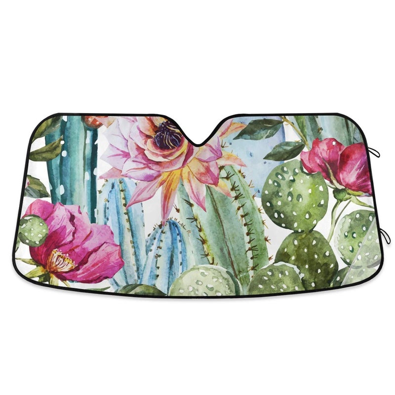 YYZZH Cactus Floral Car Windshield Sun Shade Block UV Rays Sun Visor Protector Accordion Folding Sunshade Keep Vehicle Cool and Damage Free, Easy to Use, Fits Windshields of Various Sizes - Image 1